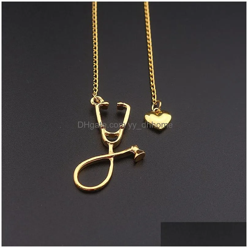 stethoscope necklace lariat heart pendant rose gold black color est nurse medical necklaces collares bijoux