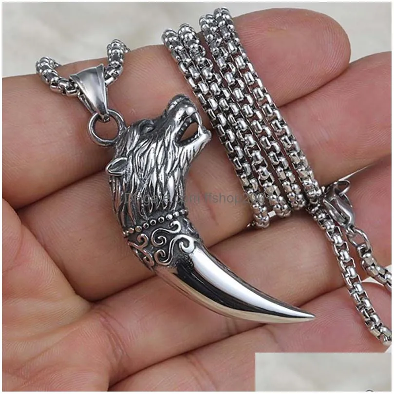 wolf tooth pendant necklaces ancient silver stainless steel chain necklace women men hiphop fashion fine jewelry