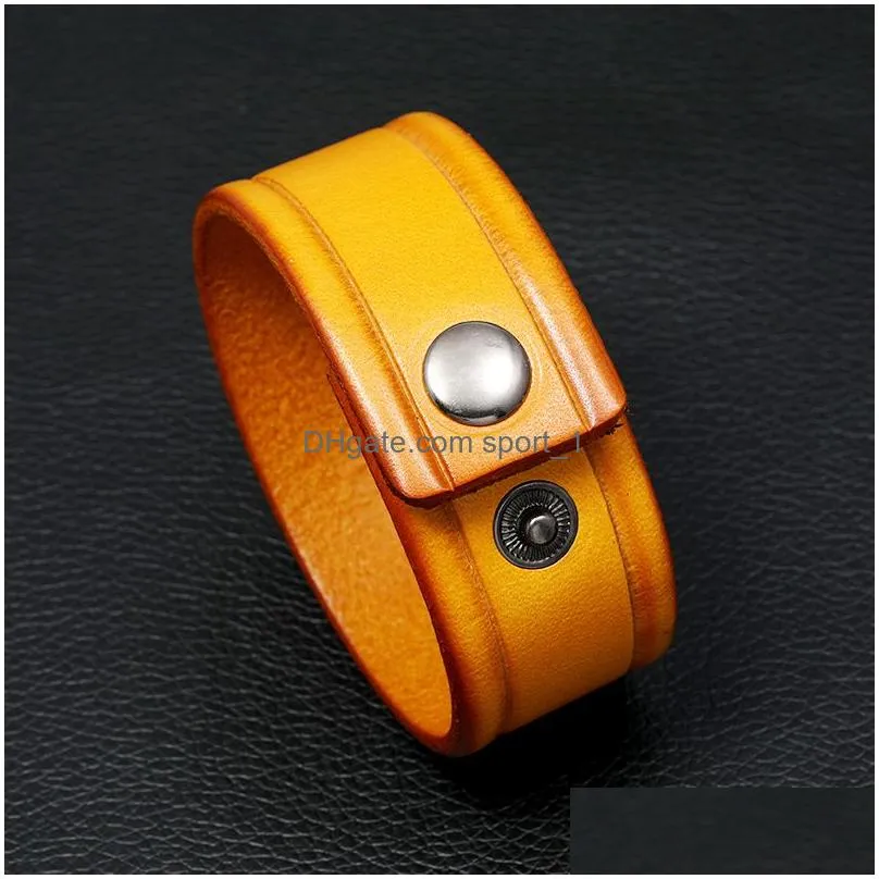 ethnic simple genuine leather bangle cuff button adjustable bracelet wristand for men women will and sandy fashion jewelry