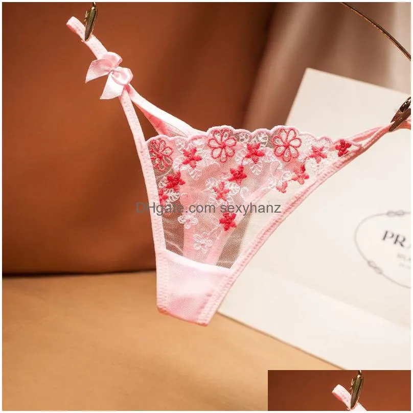 embroidered flower transparent g strings sexy lace ultra thin bow knot panties briefs thongs underwear lingerie for slim women clothes