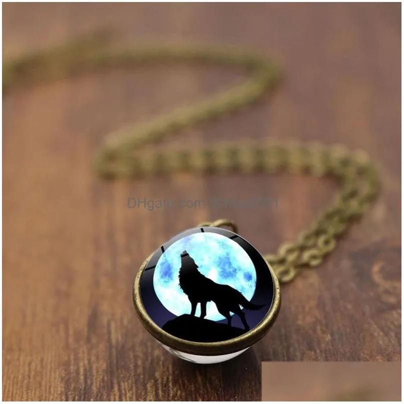 fashion howling wolf moon necklaces double sided glass ball time gemstone pendant necklace silver bronze chains jewelry
