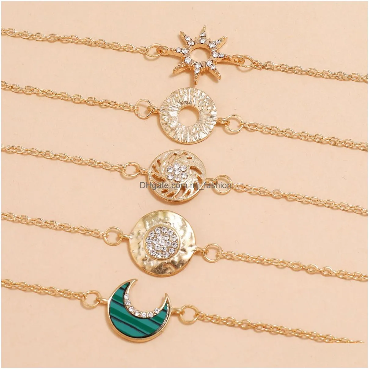 5pcs/set bohemia geometric circle moon charm bracelets hollow rhinestone sun star decor gold color chain wristlets jewelry gift