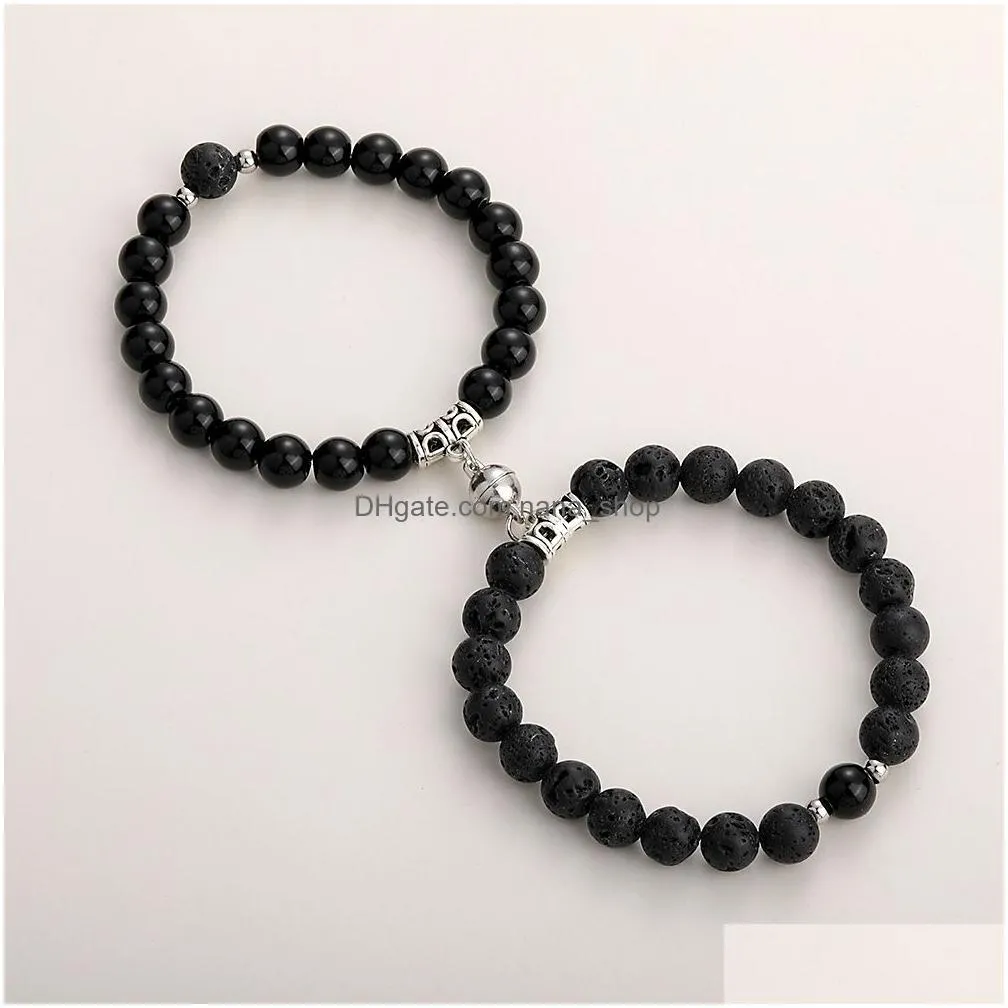 2pcs creative magnet attract couple charm strand bracelets good friend lover 8mm natural stone beads crown stretch bracelet for women
