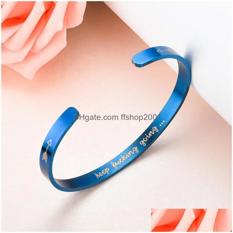 stainless steel open bracelet bangle letter inspirational keep going bracelet wristband cuff women men fashion jewelry