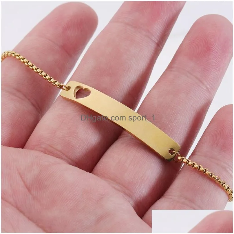 mirror hollow peach heart curved long bracelet adjustable box chain polished stainless steel hand jewelry women
