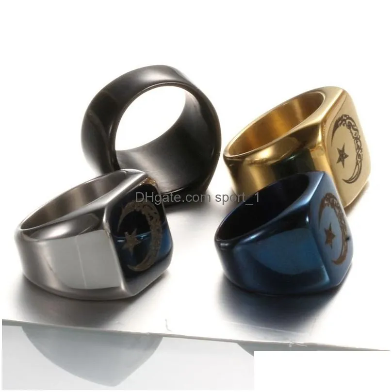 muslim lesser bairam star and moon ring band gold blue black stainless steel signet rings for men fashion jewelry will and sandy