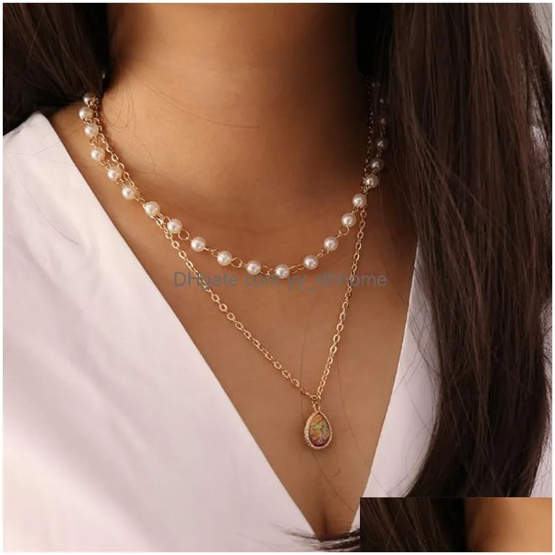 elegant imitation pearl water drop semiprecious stone pendant necklace women vintage geometric clavicle necklaces jewelry gift