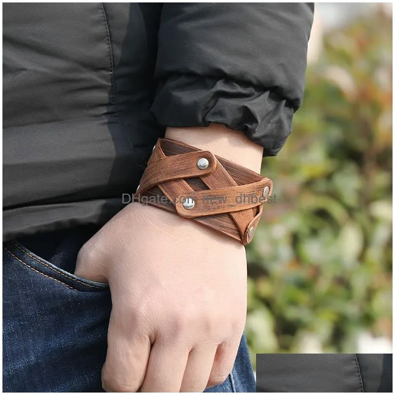 wide leather cross bangle cuff button adjustable bracelet wristand for men women fashion jewelry