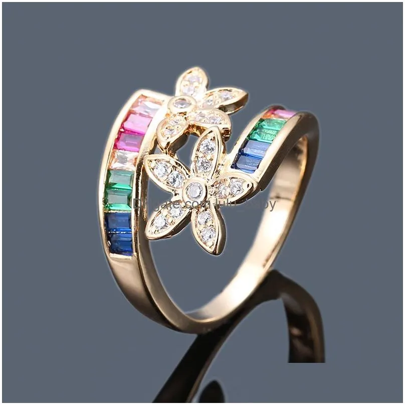 design rainbow flower cz ring women wedding gift gold color leaves austrian zircon fashion crystal rings jewelry wholesale