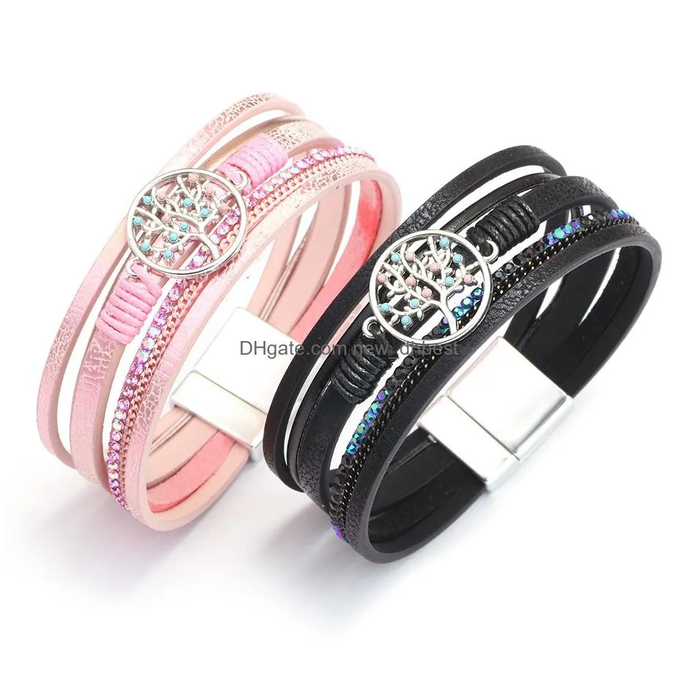 colorful tree of life bracelet magnetic buckle pu leather braided multilayer wrap bracelets wristband bangle cuff fashion jewelry for