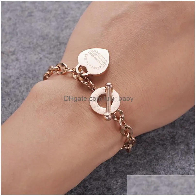  fashion lover heart pendant link bracelets rose gold color stainless steel bracelet for women girls wedding valentines day gift