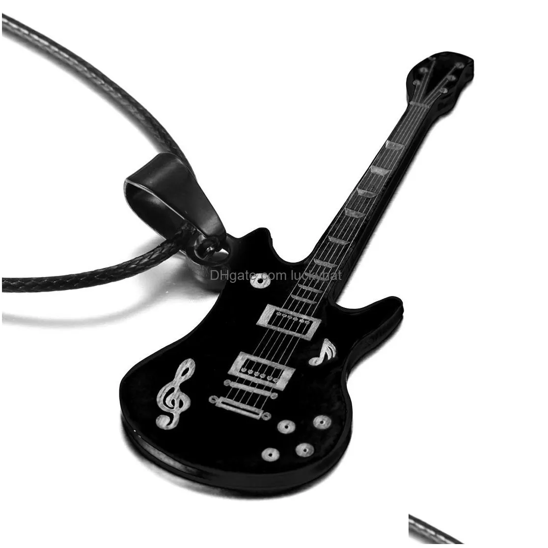 fashion 316l stainless steel guitar necklace for men pendants leather chain man necklaces