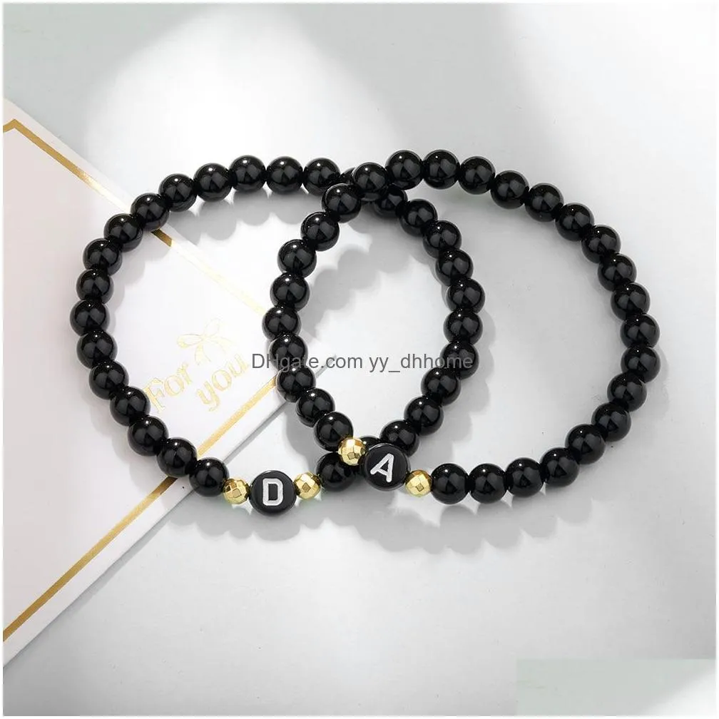 6mm black glass beads strands bracelet for women men handmade elastic acrylic letter flat bead charm pendant bracelets mothers day gifts