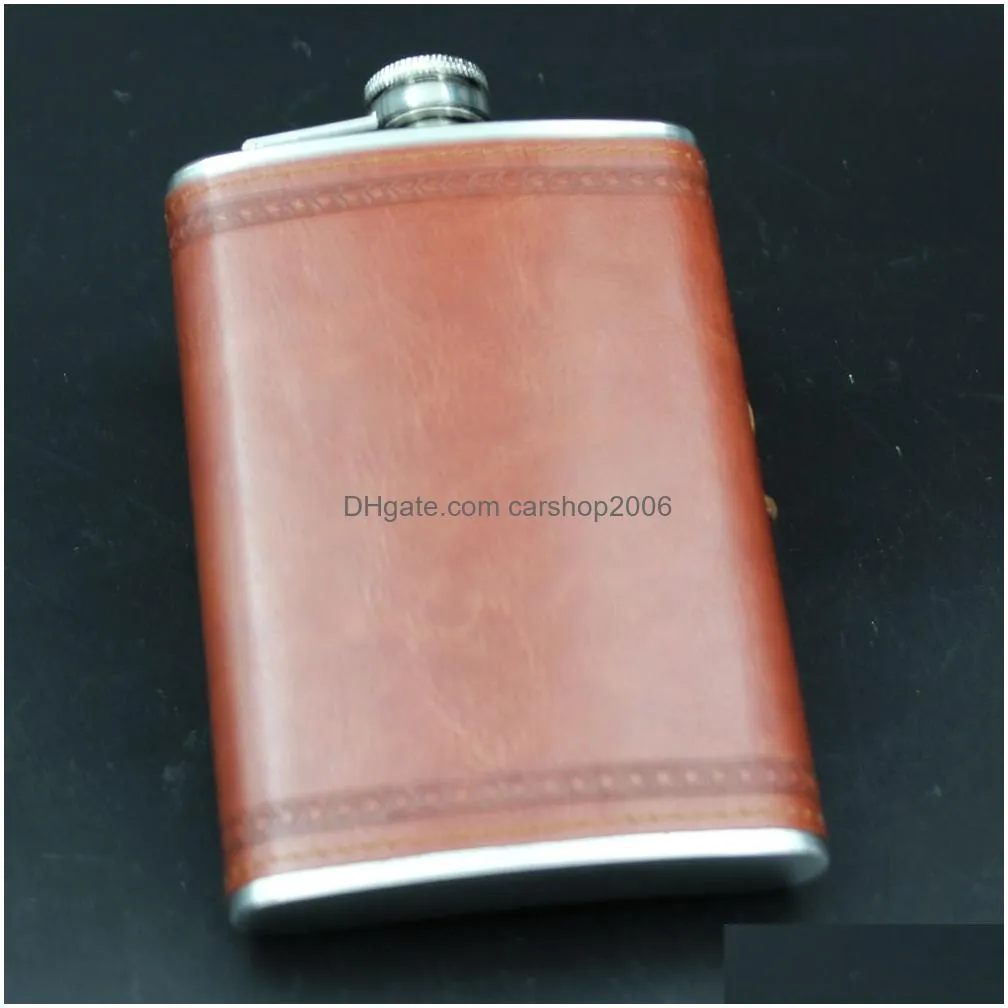 9oz stainless steel leather pocket flask mini brown hip flasks wine flask whisky alcohol bottle outdoor drinkware