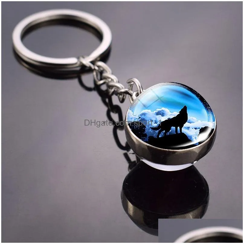 glass cabochon ball animal full moon wolf keychain glass ball double sided time gem key ring bag hanging fashion jewelry will and