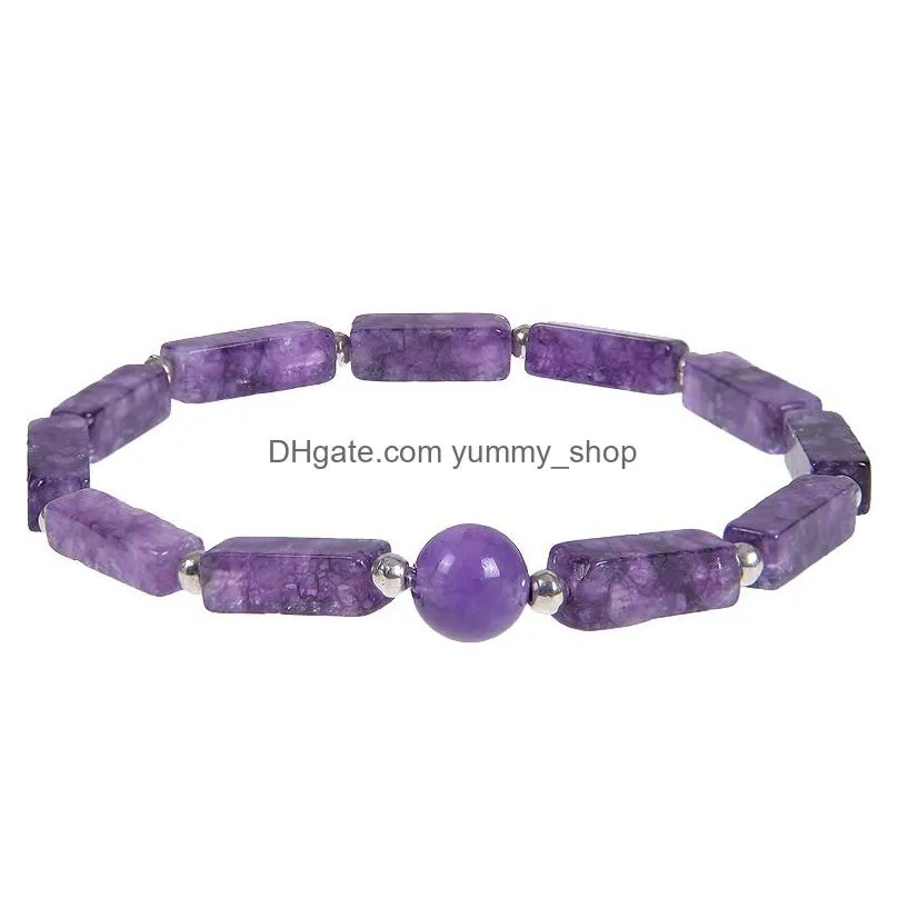 natural amethyst bracelet long square gemstones healing crystal stretch beaded gem stone bracelet unisex