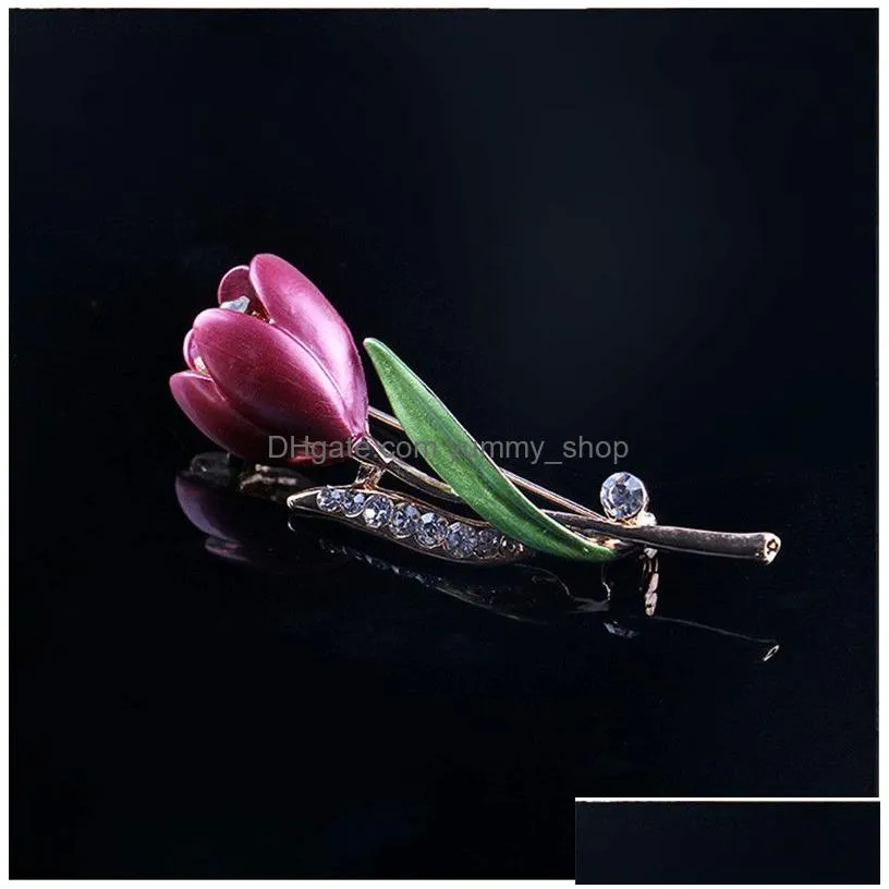 diamond flower tulip brooch pins enamel brooches corsage lapel pin wedding fashion jewelry for women