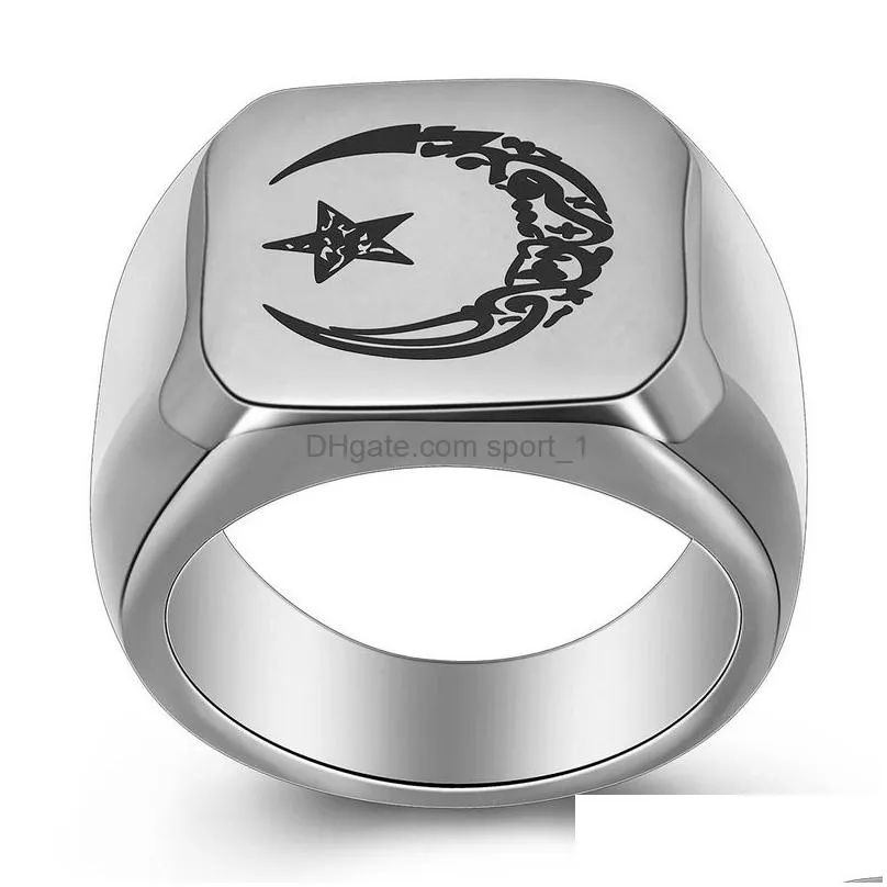 muslim lesser bairam star and moon ring band gold blue black stainless steel signet rings for men fashion jewelry will and sandy
