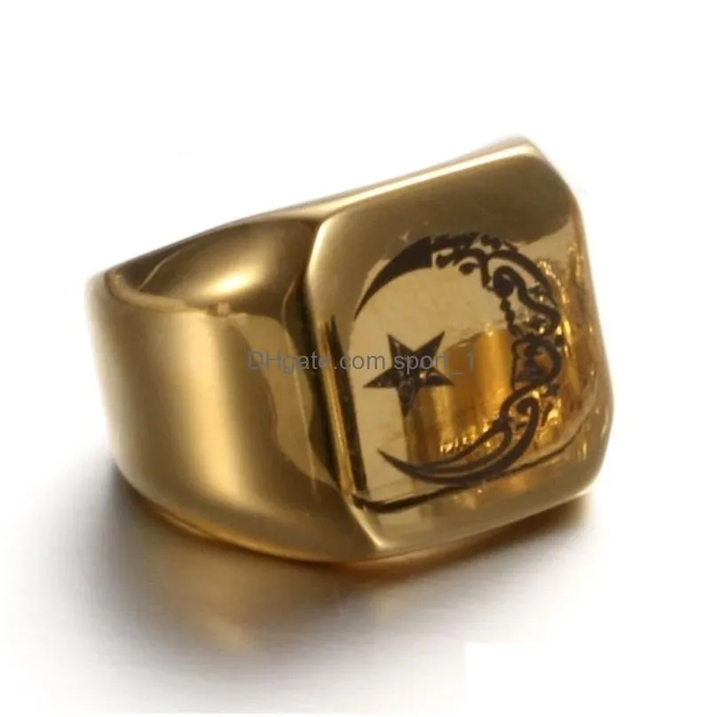 muslim lesser bairam star and moon ring band gold blue black stainless steel signet rings for men fashion jewelry will and sandy