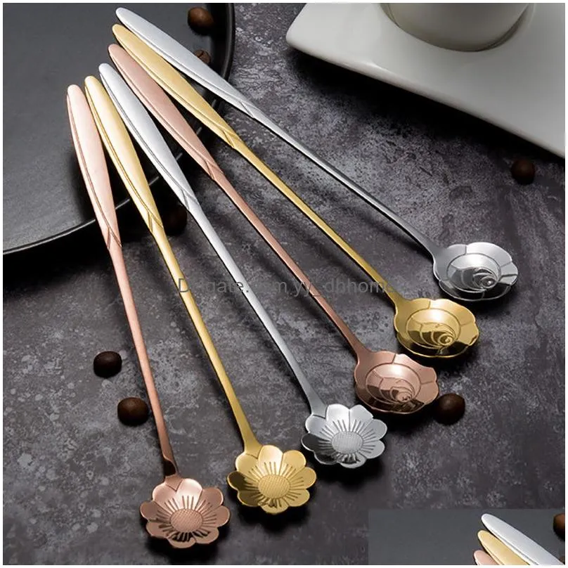 stainless steel flower heart spoons long handle cocktail stirring spoon ice cream coffee home bar flatware tools drop ship