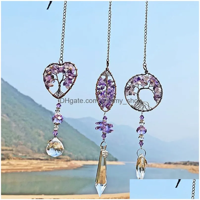 round natural stone amethyst tree of life heart wall hanging pendant door garden home decor arts ornament