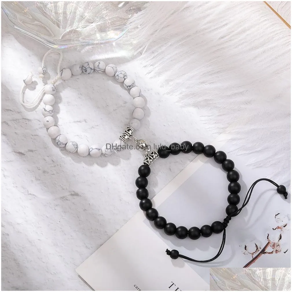 2pcs creative magnet attract couple charm strand bracelets good friend lover 8mm natural stone beads handmade braided rope woven bracelet for
