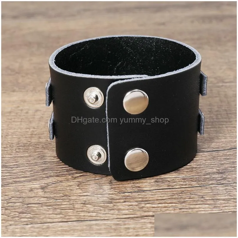 punk wide leather bangle cuff multilayer wrap button adjustable bracelet wristand for men women fashion jewelry black