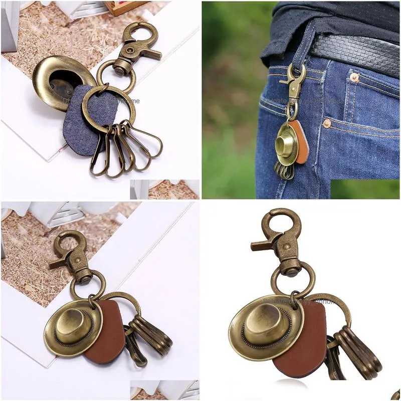 retro anncient bronze  hat lather key ring quicklink keychain holders for men fashion jewelry will and sandy