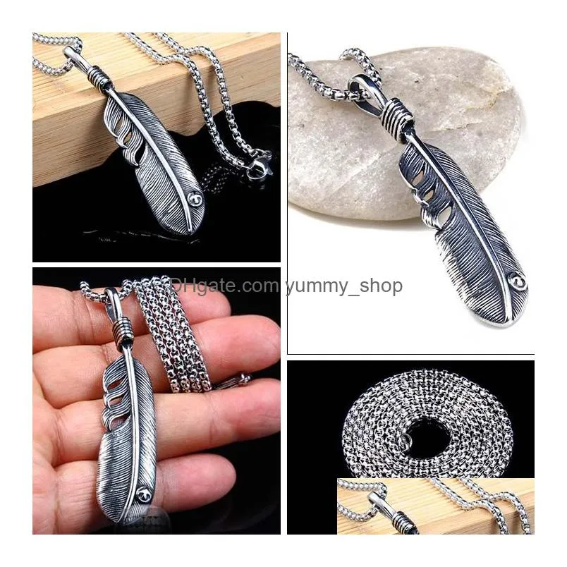 stainless steel retro feather pendant necklaces fashion hip hop necklace fine jewelry