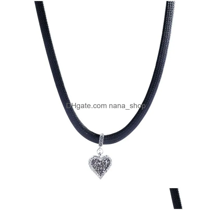 new vintage black zircon heart pedants gothic girls y leather rope choker temperament aesthetic women necklaces jewelry gift