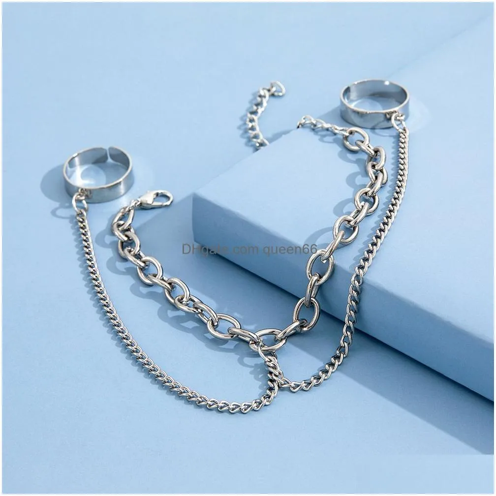 punk geometric silver color chain wrist bracelet for men ring charm set couple emo fashion jewelry gifts pulsera mujer