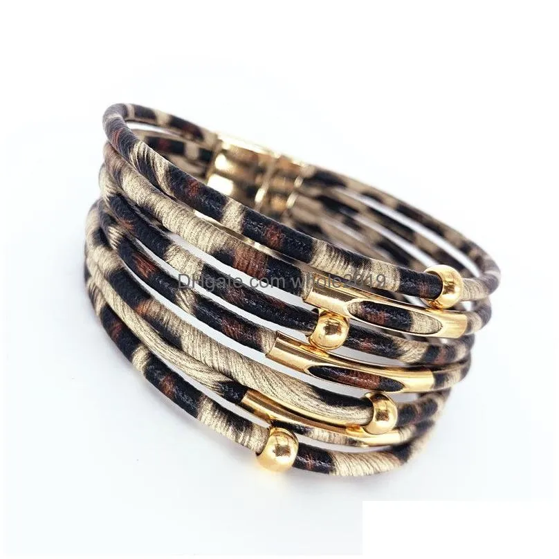 leopard leather bracelets for women 2022 fashion bracelets bangles elegant multilayer wide wrap charm bracelet jewelry