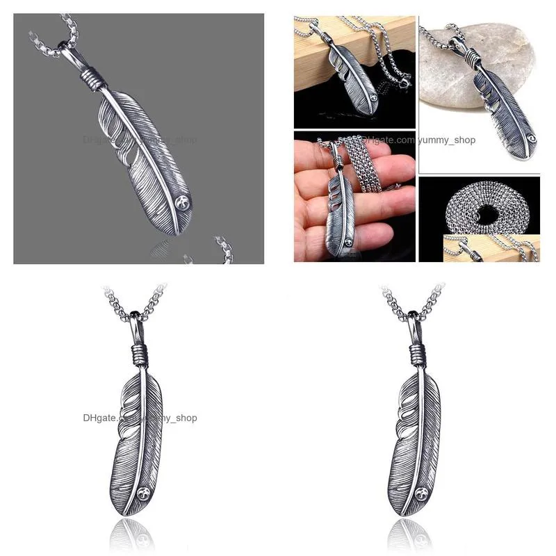 stainless steel retro feather pendant necklaces fashion hip hop necklace fine jewelry