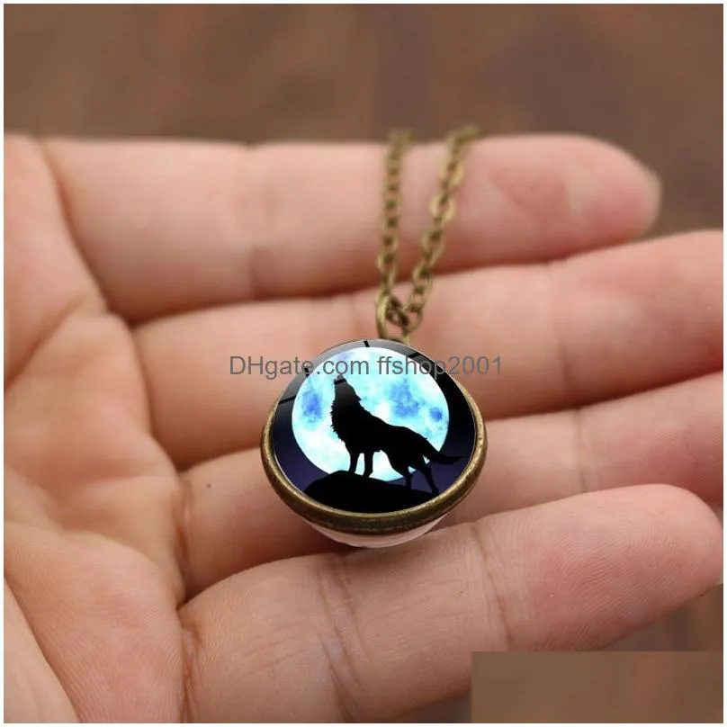 fashion howling wolf moon necklaces double sided glass ball time gemstone pendant necklace silver bronze chains jewelry