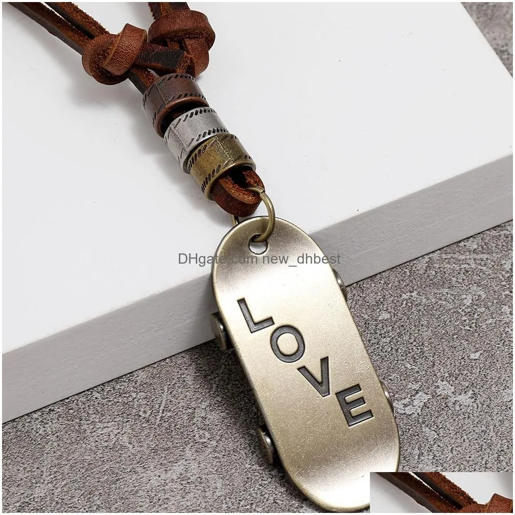 metal letter love skateboard pendant necklace adjustable leather chain necklaces for women men fashion jewelry