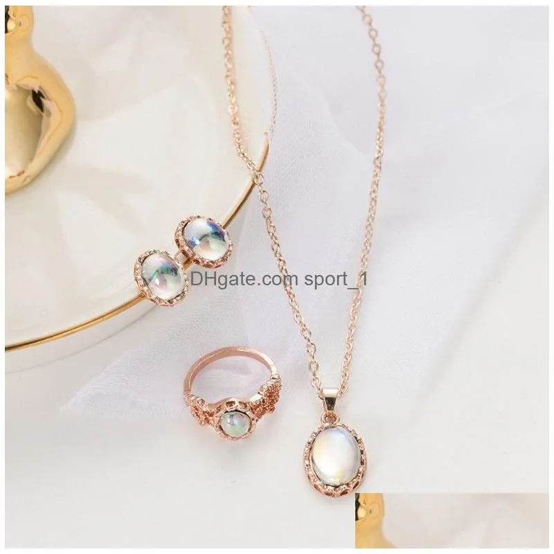 3pcs elegant transparent gemstone pendant necklaces earrings rings set combination jewelry gift for girlfriend mom