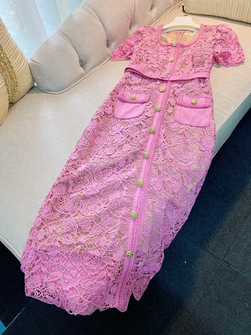 2023 Summer Pink Floral Lace Panelled Pockets Dress Short Sleeve Scoop Neckline Belted Single-Breasted Casual Dresses L3L04