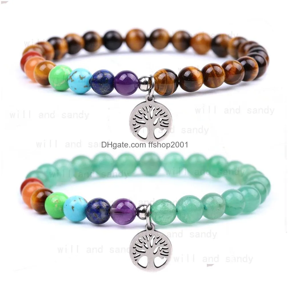 natural stone beaded strand bracelets yoga 7 chakra amethyst tiger eye turquoise tree of life charm bracelet for women fashion jewelry