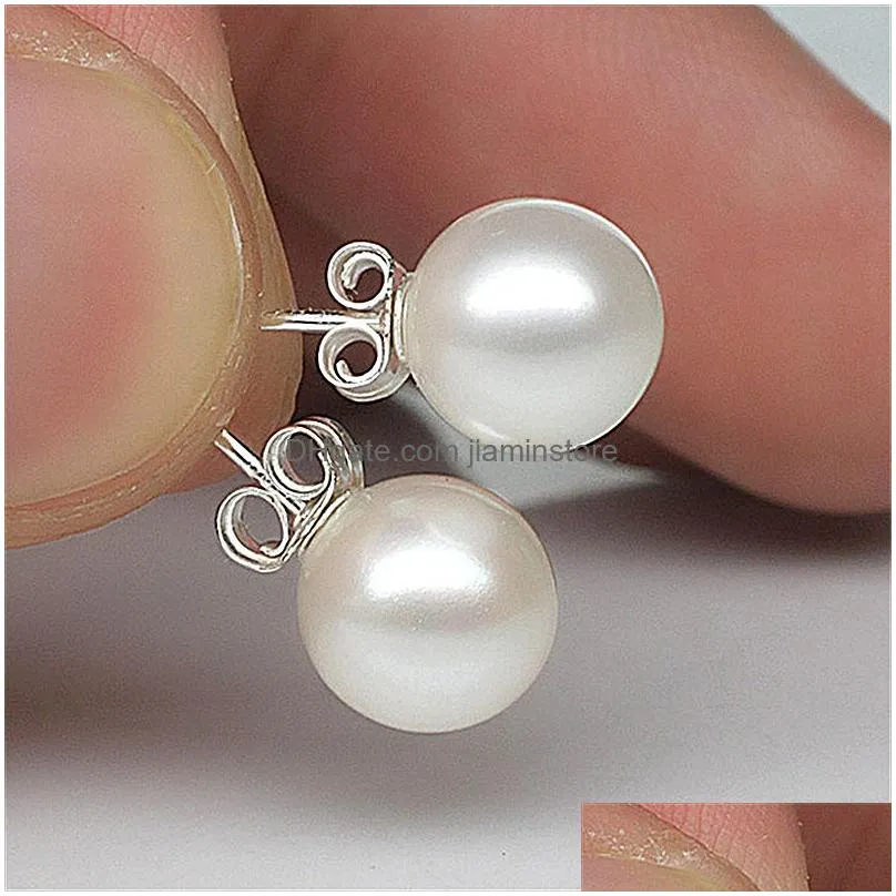 silver plated prevent allergy fashion stud earrings for women design trendy pearl white ball small round jewelry gift