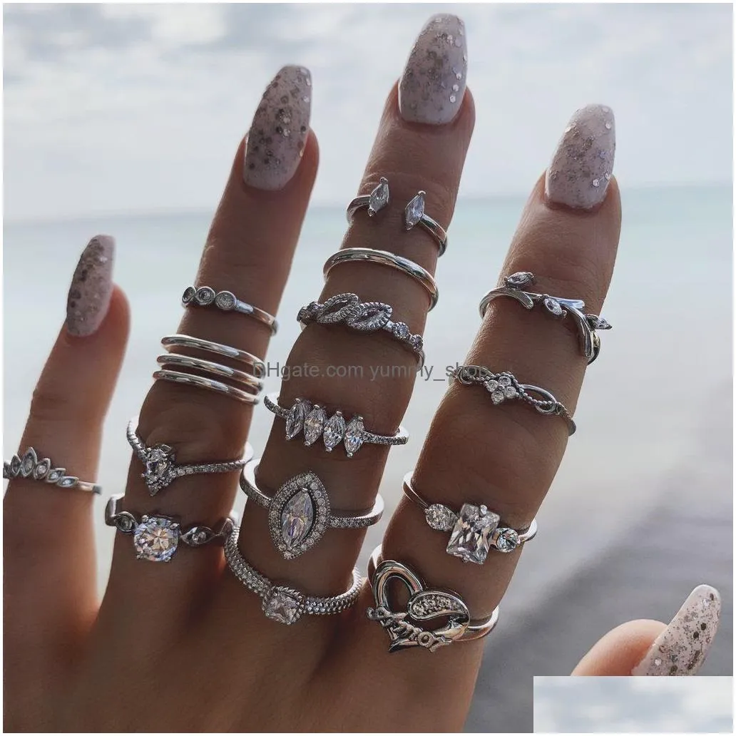 diamond heart crown ring silver knuckle ring jewelry set women combination stacking ring midi fashion jewelry will and sandy