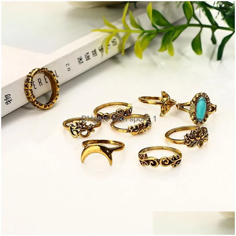 9 pieces set of personalized lady ring retro totem elephant turquoise lotus fish tail joint pattern casual party rings jewelry