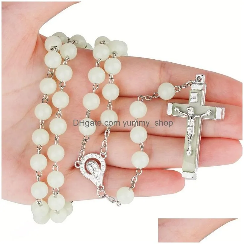 glow in the dark jesus crucifix cross pendant necklace night light fluorescence christ prayer beads necklaces for women girls fashion jewelry will and