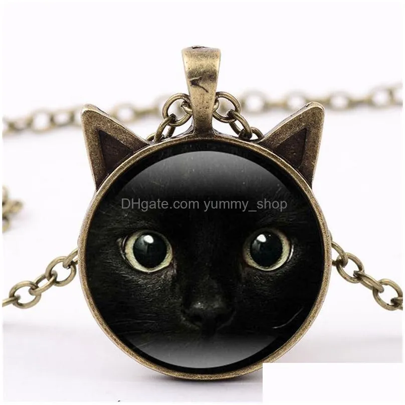 black glass cabochon necklace cat ear frame pendants necklaces women kids fashion jewelry 1625