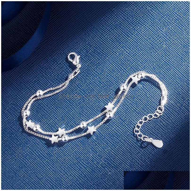 sterling silver double layers stars beads bracelets for women elegant box chain charm bracelet birthday party gift