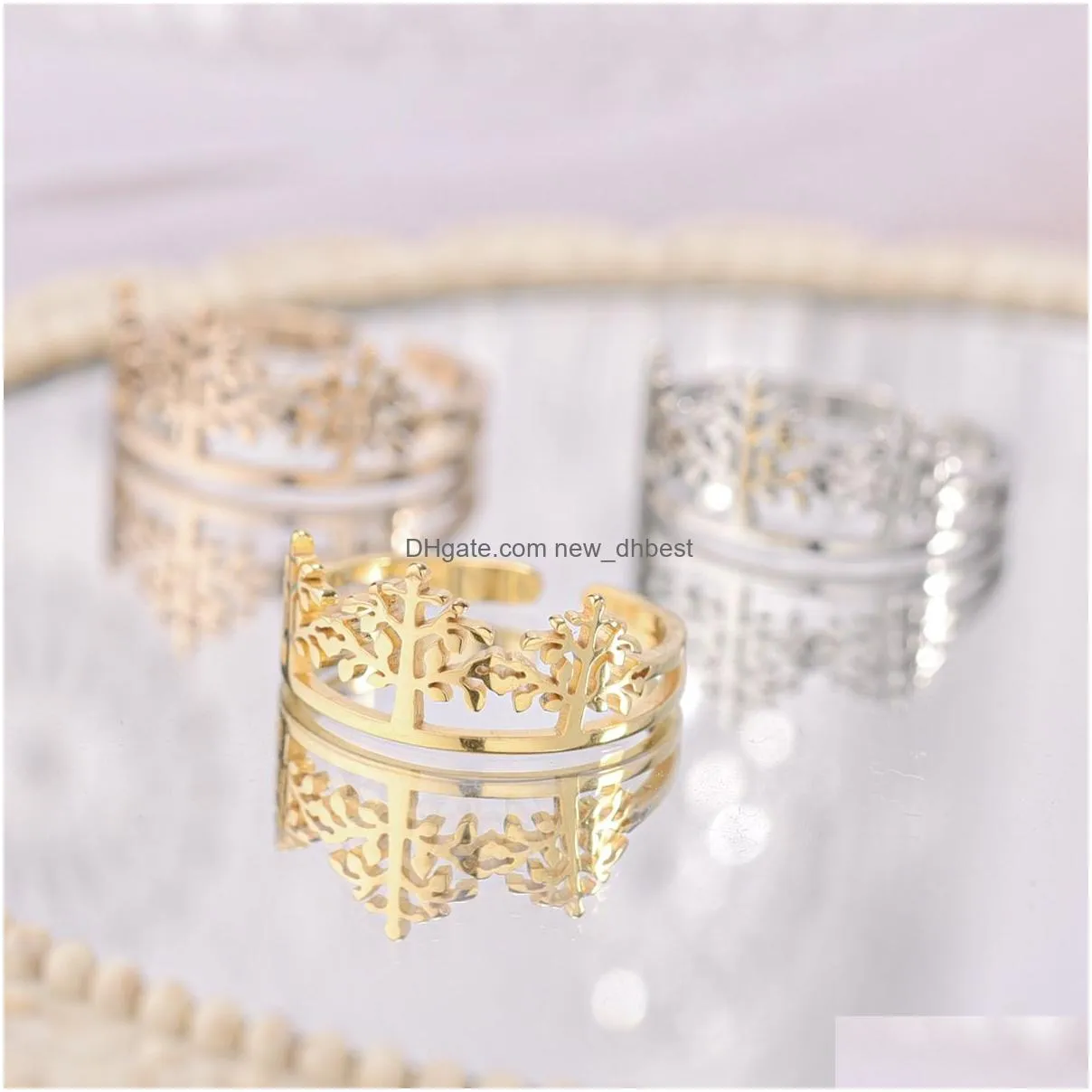 gold plated life of tree crown ring band stainless steel rings for woman fine fashion jewelry