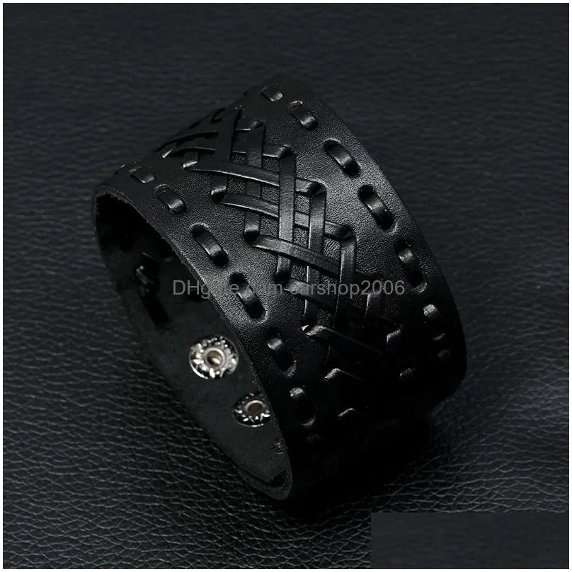 weave wide lace bandage leather bangle cuff button adjustable bracelet wristand for men women fashion jewelry black