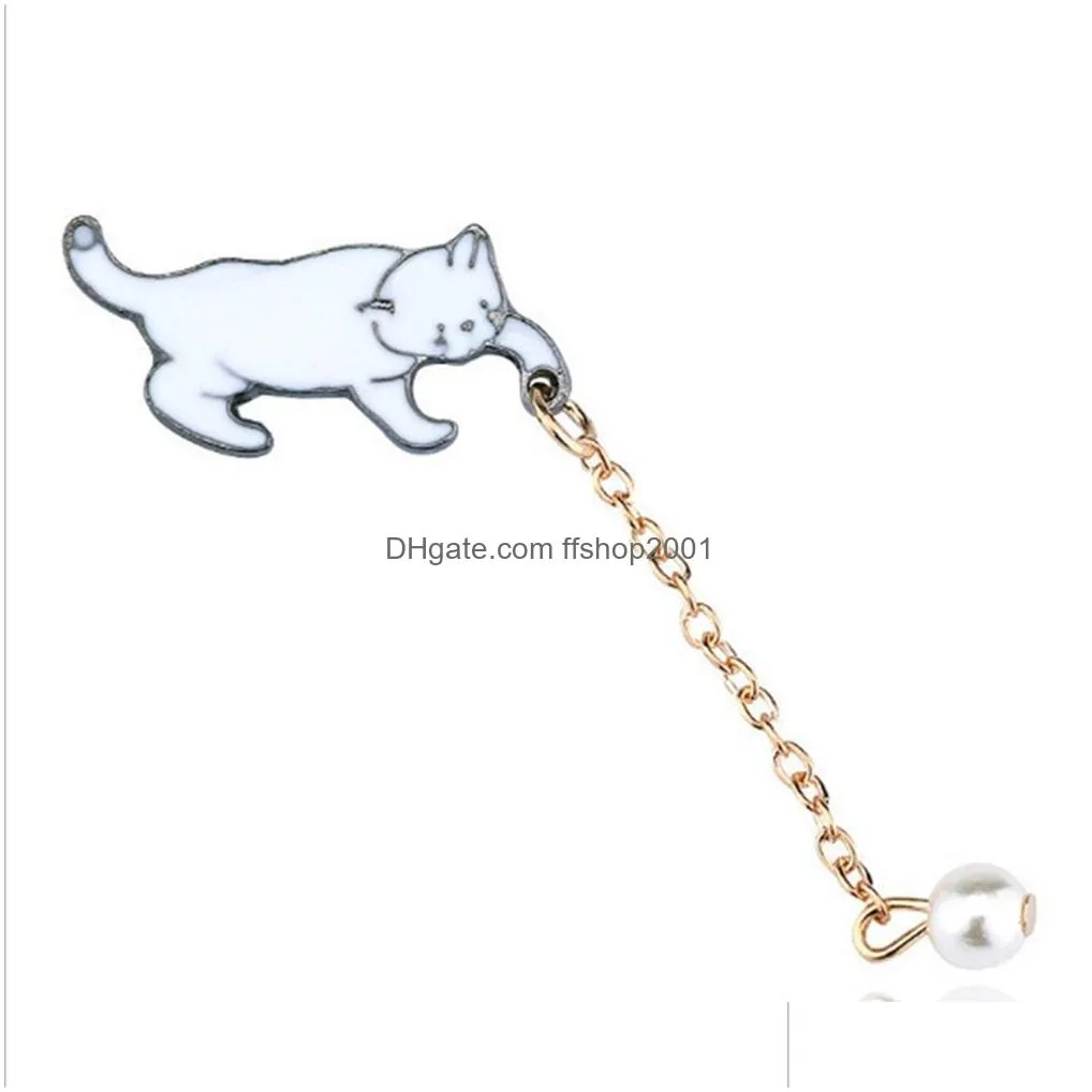 cute simple white cat pearl pendant brooch pin enamel paint long chain brooches for women girl animal design fashion jewelry