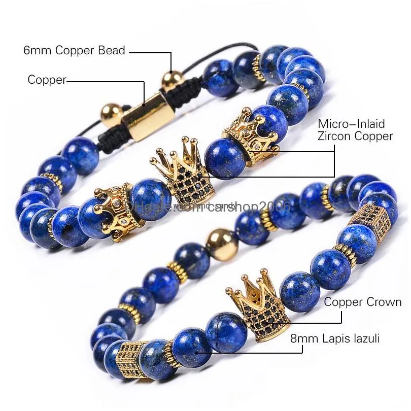 natural stone lapis lazuli crown bracelet braided copper microinlaid zircon diamond bracelets bead bracelets women men fashion jewelry will and