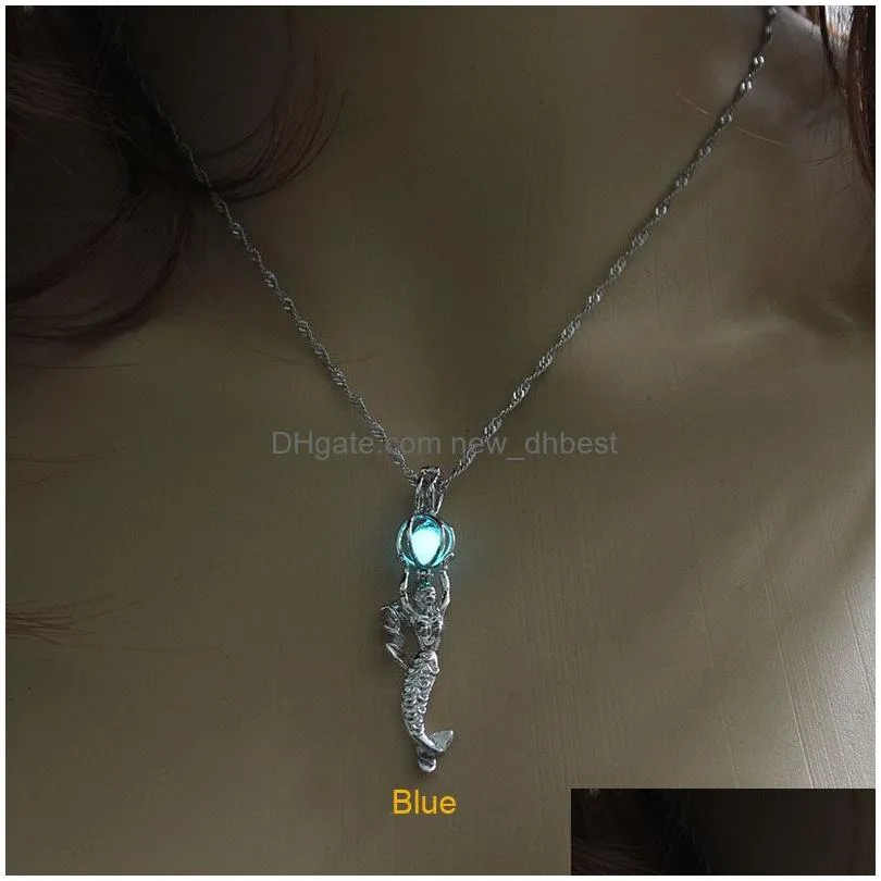 glow in the dark mermaid necklace fluorescent light locket pendant chain for women fashion jewelry will and sandy gift