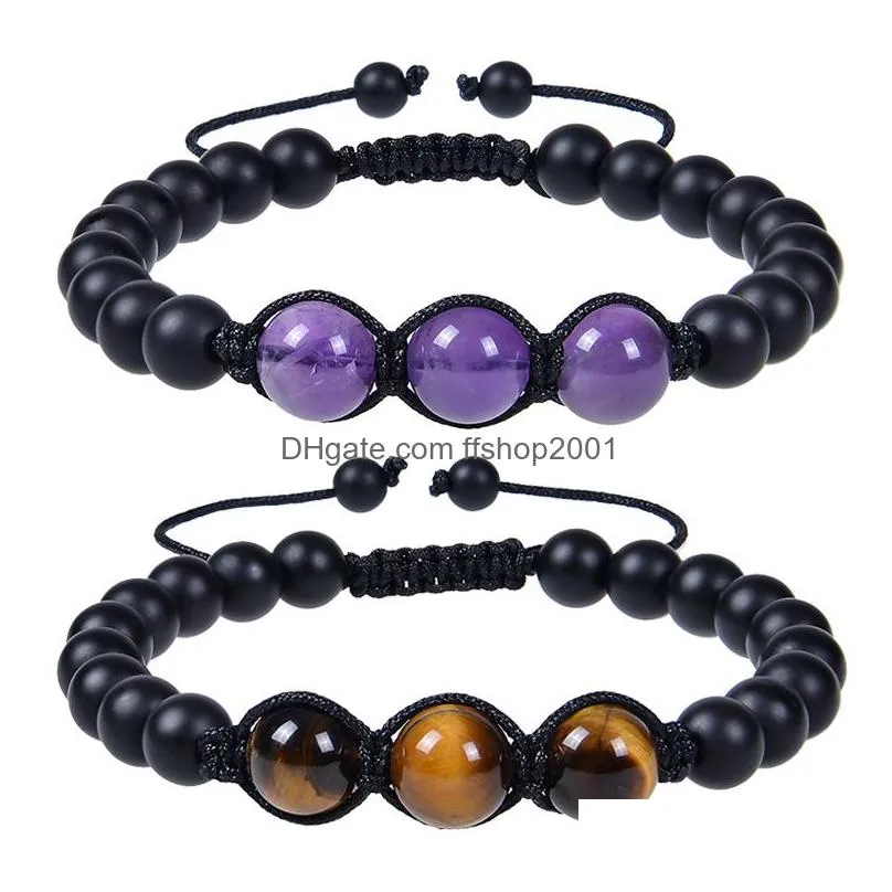 12mm amethyst woven bracelet adjustable natural tiger eye stone black frosted bracelet for men women